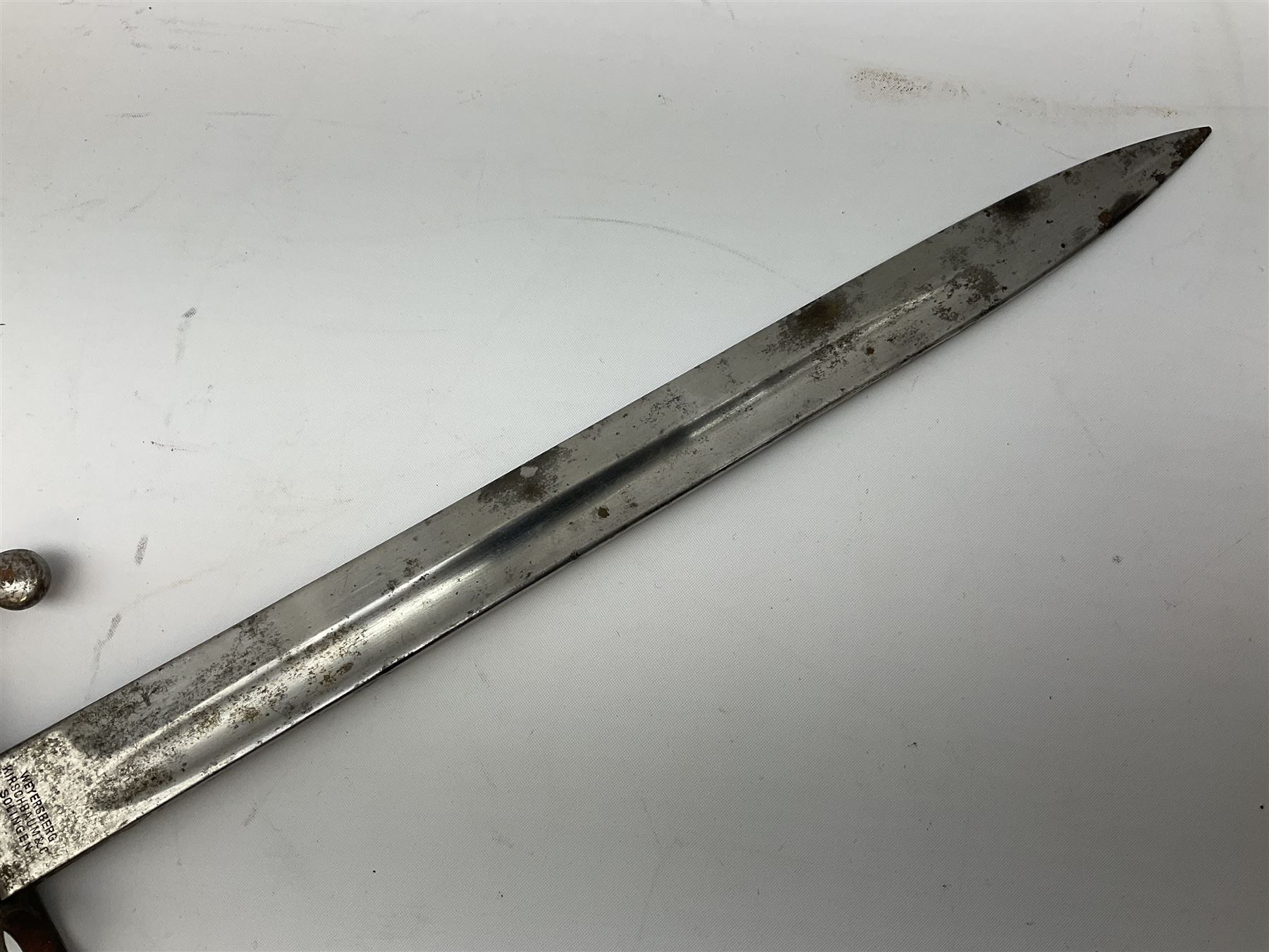 German-made 1908 pattern bayonet by Weyersberg, Kirschbaum & Co, Solingen as used by the Brazilian Army, with 30cm fullered steel blade and hooked quillon numbered 107011 L43cm overall; and Swedish Carl Gustav M1896 Mauser knife bayonet with 21cm steel blade and machined steel grip; in metal scabbard, both numbered 299 L35cm overall (2)