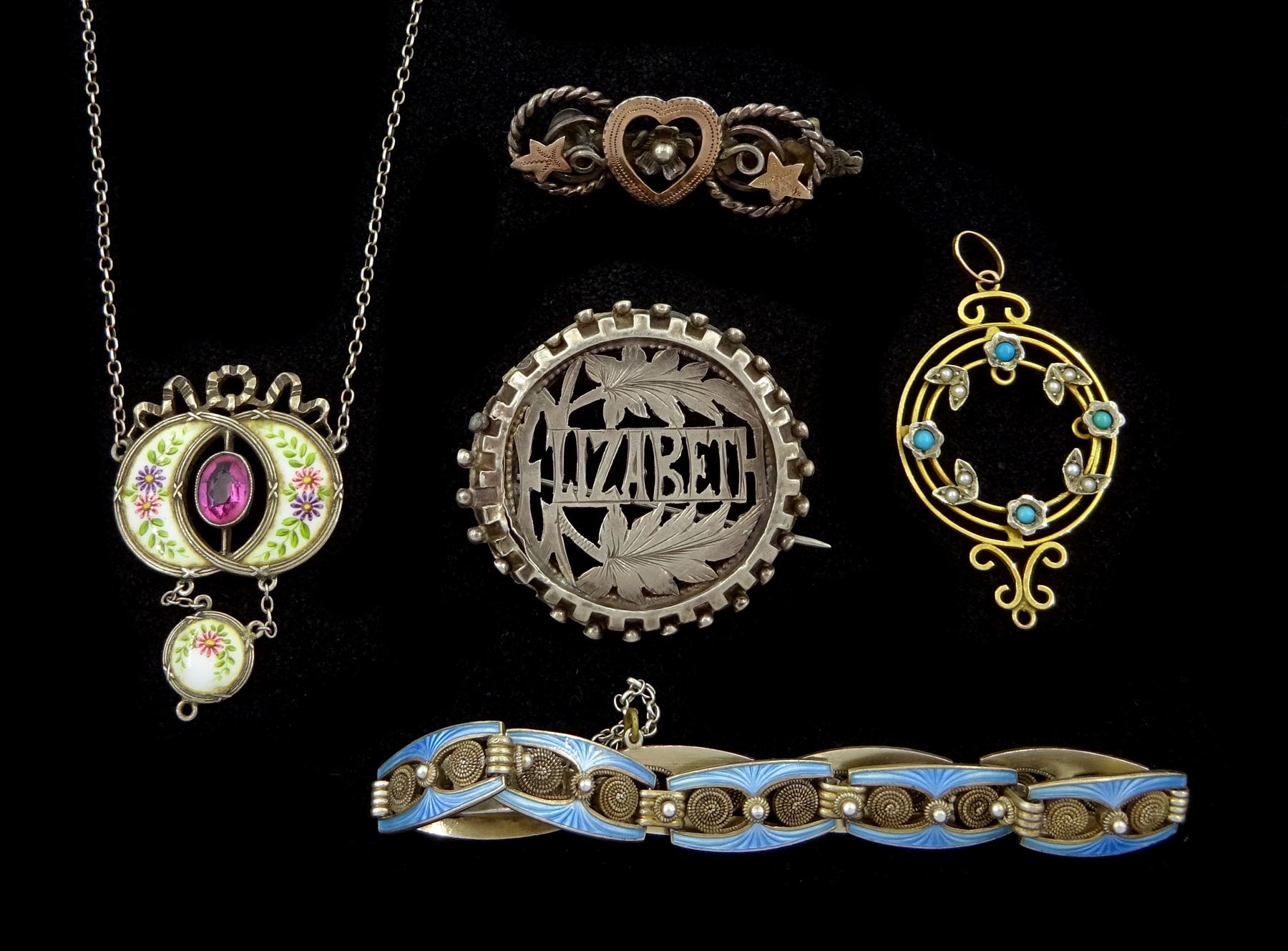 Norwegian silver blue enamel bracelet by Marius Hammer, 8ct gold seed pearl and turquoise pendant, silver enamel pink stone pendant necklace, stamped 935 and two silver 'Elizabeth' and heart brooch