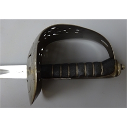  Victorian British infantry officer's sword, the 82cm fullered steel blade marked (crown)49W, three-quarter basket hilt with Victoria cypher, wire bound fish-skin grip and leather scabbard 103cm overall  
