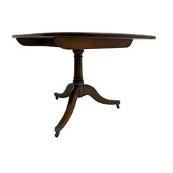 George III mahogany pedestal table, moulded tilt-top on turned column, three splayed supports with brass cups and castors