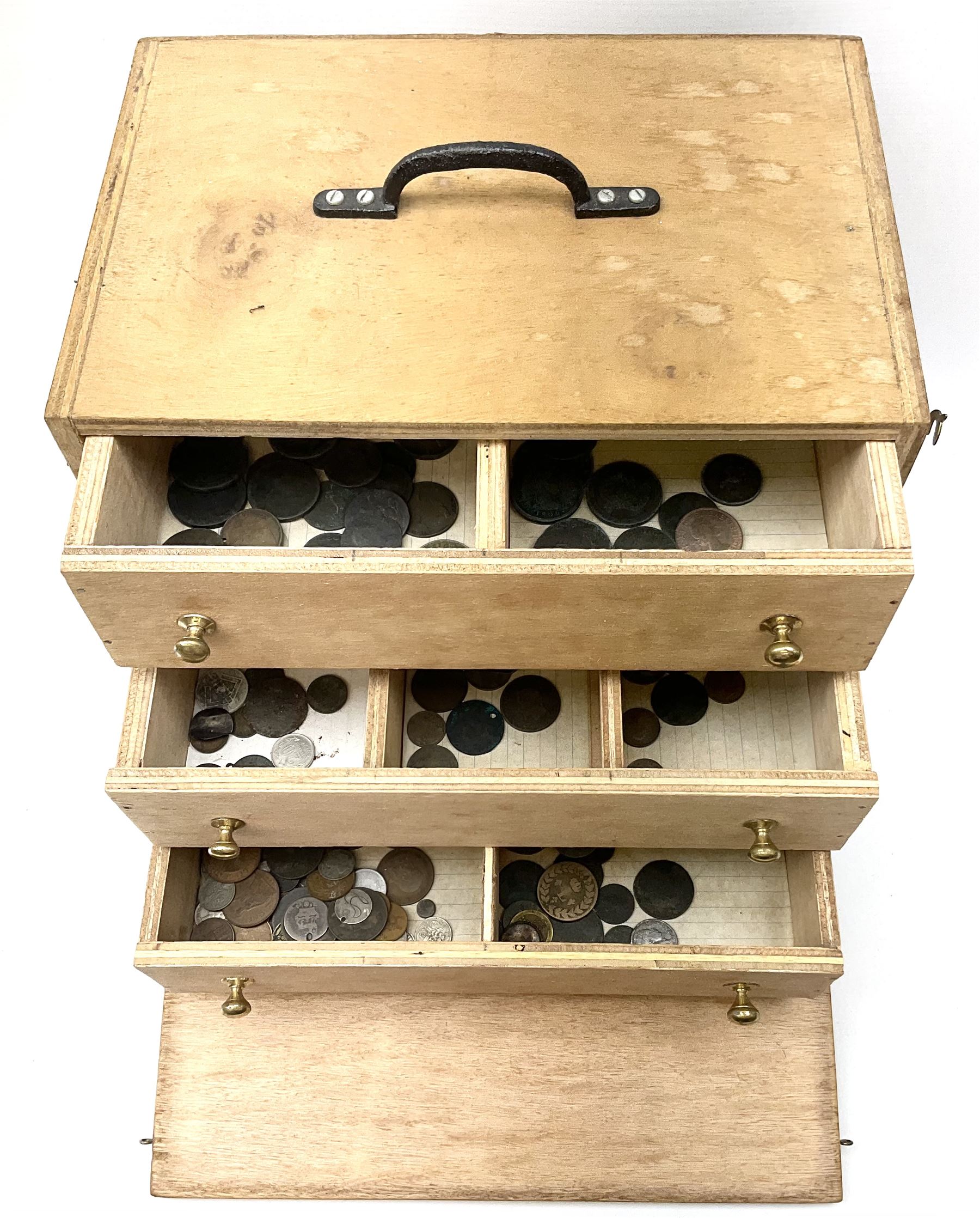 Three drawer collectors cabinet with fall front containing various Great British and World coins including GB pre-decimal coins, King George III 1806 penny, cartwheel pennies etc