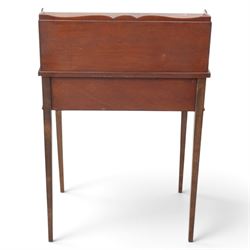Small Edwardian writing desk, with raised back with three fitted drawers and pigeon holes, above a green tooled leather writing surface, two short drawers with brass ring pulls, square tapering supports