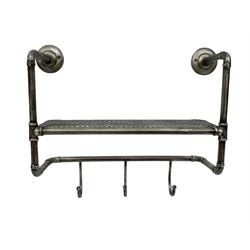 Industrial style metal tubular wall rack with coat hooks, W44cm