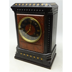  Arts & Crafts black slate and marble mantel clock, rouge marble panel with incised decoration, black Roman chapter ring, twin train movement stamped for 'Samuel Marti, Medaille de Bronze' 'GV 233 43531, H38cm  