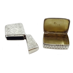 Victorian silver snuff box, bright cut decoration by John Rose, Birmingham 1899 and a vesta case by Stokes & Ireland Ltd, Birmingham 1893, approx 2.5oz
