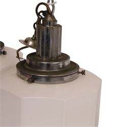 Pair of  mid-century milk glass nonagon ceiling light fittings, together with one other, pair H45cm