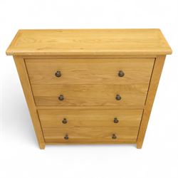 Modern oak effect shoe cabinet, plain rectangular top over two fall-front drawers with metal drop handles, framed sides and block supports