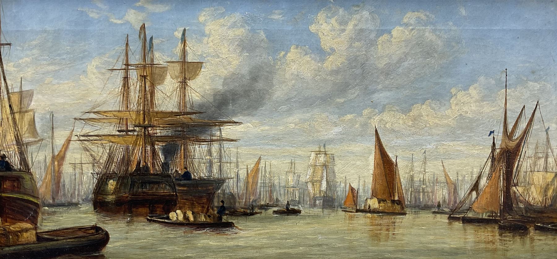 Manner of Claude T Stanfield Moore (British 1853-1901): Busy Shipping scene Pool of London, oil on canvas unsigned 27cm x 58cm 