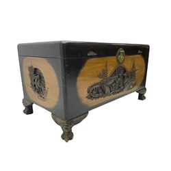 Singapore camphor wood blanket chest, rectangular hinged top with carved panel depicting traditional pagoda and river scenes