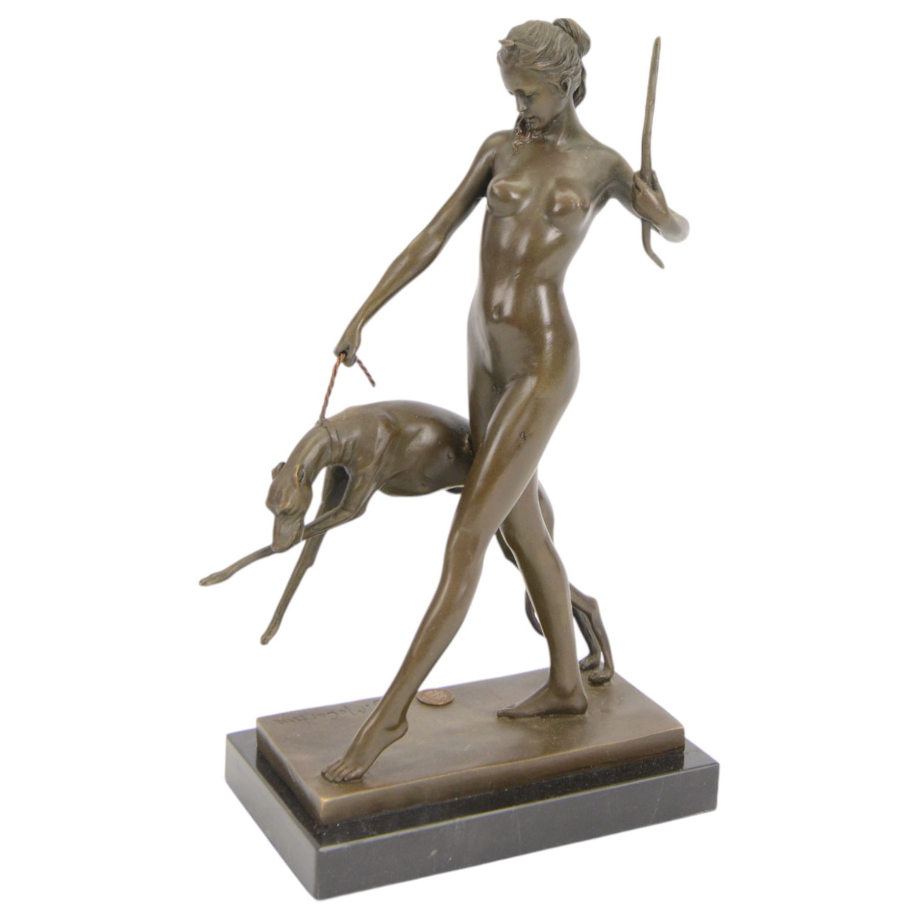 After Edward McCartan, Art Deco style bronze figure, Diana and the Hound upon a marble base, signed and with foundry mark, H31cm