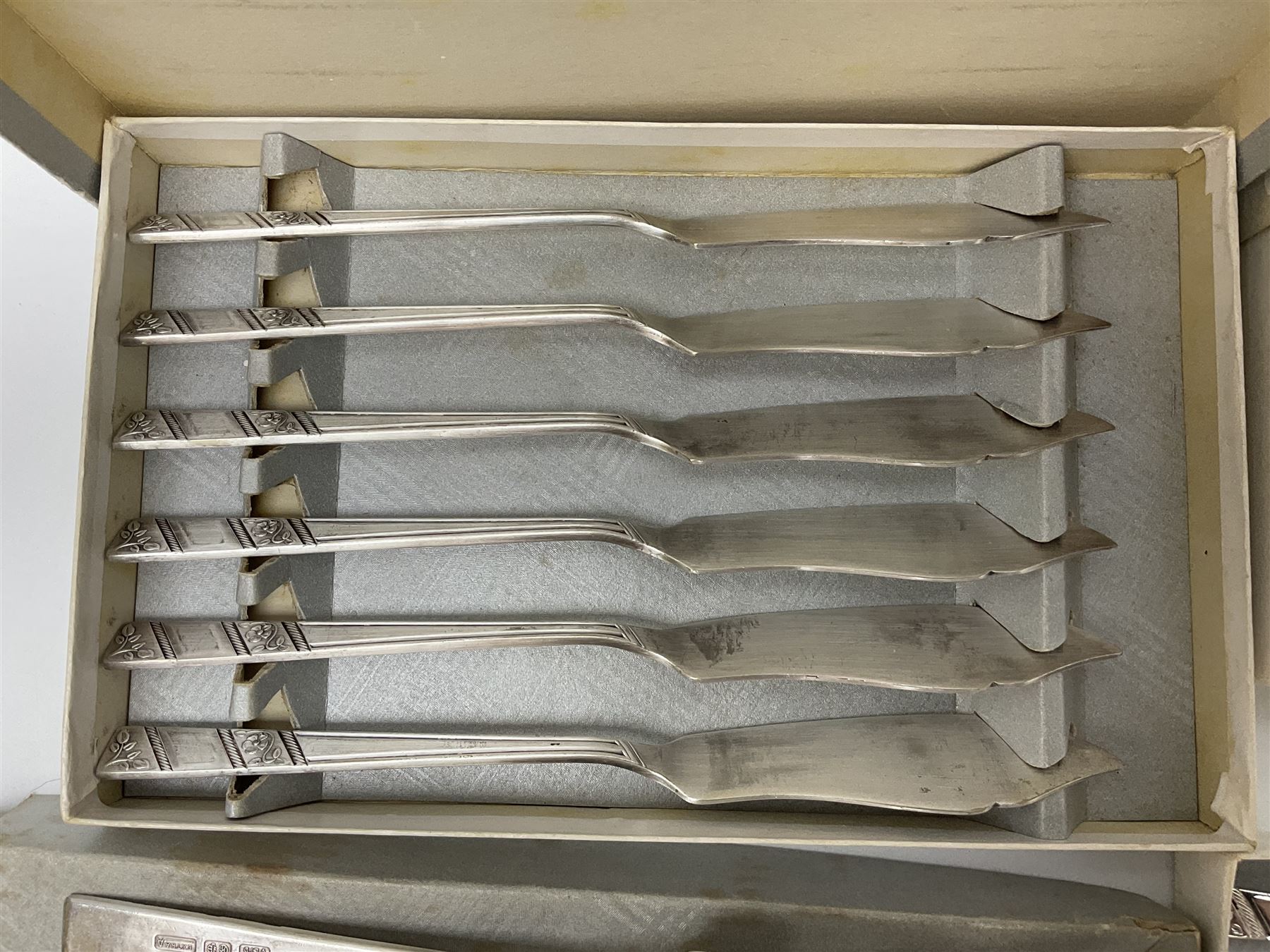 Viners Ltd silver plate Silver Rose pattern cutlery service for six place settings, to include butter knives, table knives and forks, soup spoons, dessert forks and spoons, tea knives, forks and spoons, two serving spoons and a seven piece fruit set, some boxed, missing table spoons
