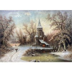 A Wilkow (Polish 19th/20th Century) Blacksmith's Workshop in a Winter Landscape, oil on canvas signed 71cm x 97cm in heavy ornate plaster gilt frame