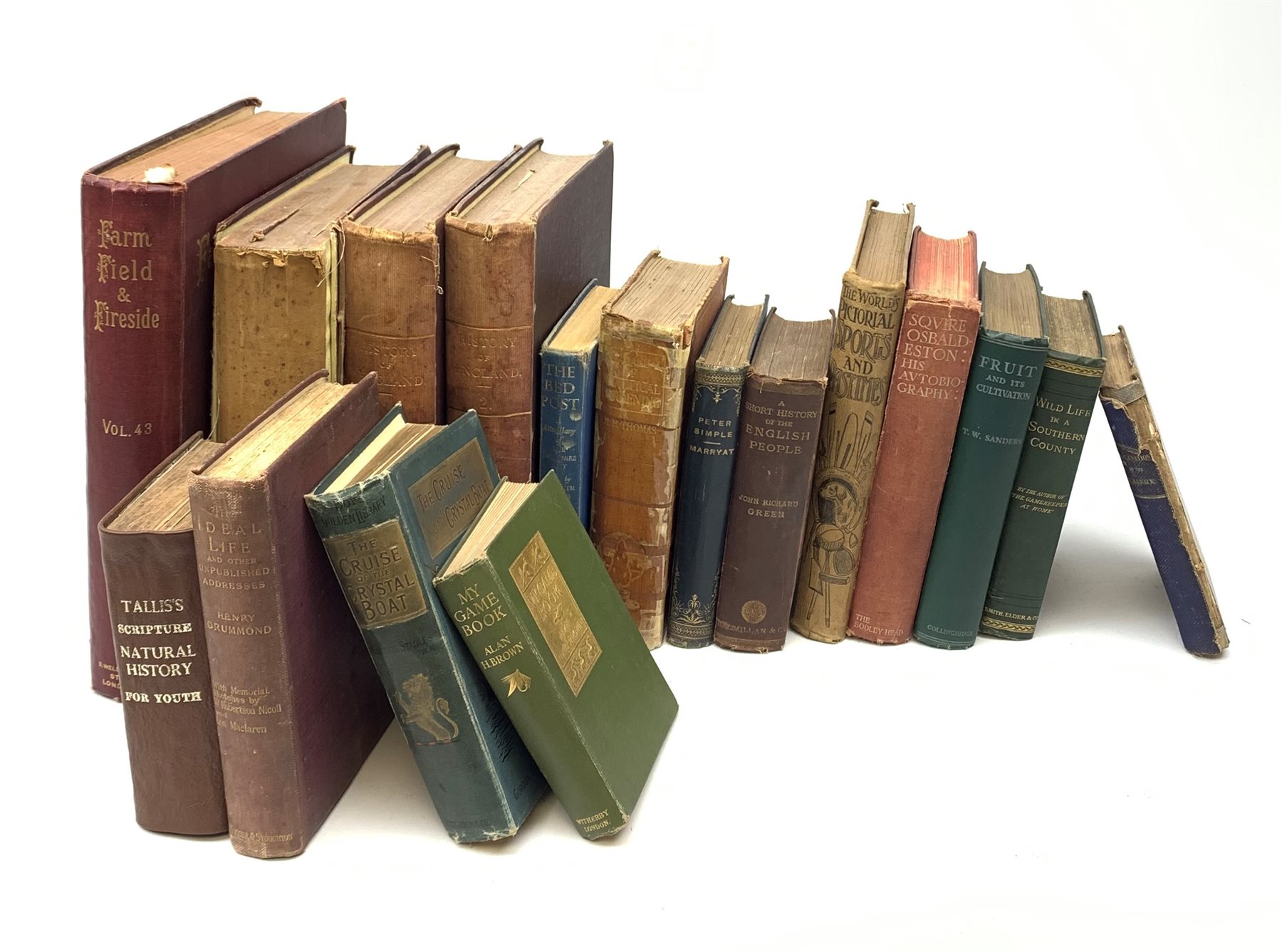 The National And Domestic History of England by William Hickman Smith Aubrey plates, etc. published by James Hagger, Fruit And Its Cultivation by T W Sanders, fourth edition, with mounted colour plates, The World's Pictorial Sports and Pastimes, by C Lang Neil, A Short History of the English People, by John Richard Green, with maps and tables, Farm Field & Fireside Vol XLIII March 27 1908 to September 18 1908, Tallis's Scripture Natural History for Youth, Vol I, published by John Tallis and Company, etc. 