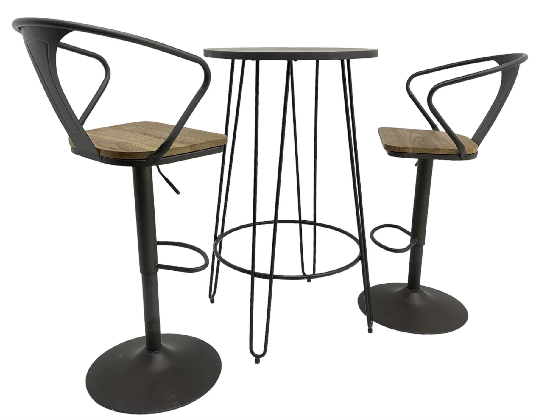 NEXT Home - rustic pine and wrought metal bistro table, circular top over dark grey metal base (W61cm H104cm); and pair of matching high stools, with swivel and adjustable height action (H113cm)