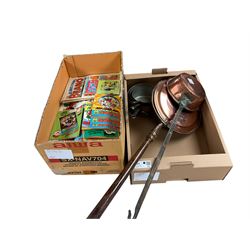 graduating set of copper pans, together with bedwarmer and beano magazines 
