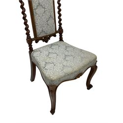 Victorian walnut bedroom chair, scroll carved cresting rail on spiral turned supports, upholstered in light blue damask fabric, on cabriole front supports with scroll carved terminals