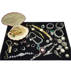 Eight silver stone set rings including pearl, marcasite, onyx and cubic zirconia, all stamped 925, silver ingot pendant necklace and a collection of vintage and later costume jewellery