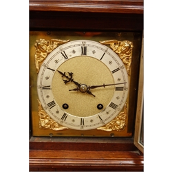  Edwardian mahogany architectural cased bracket clock with Roman dial, twin train brass movement stamped W & H. SCh striking the quarter hours on two gongs, H41cm  