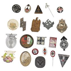 German Third Reich enamel, plastic and metal badges including N.S.D.A.P. Nurnberg 1933, Ga...