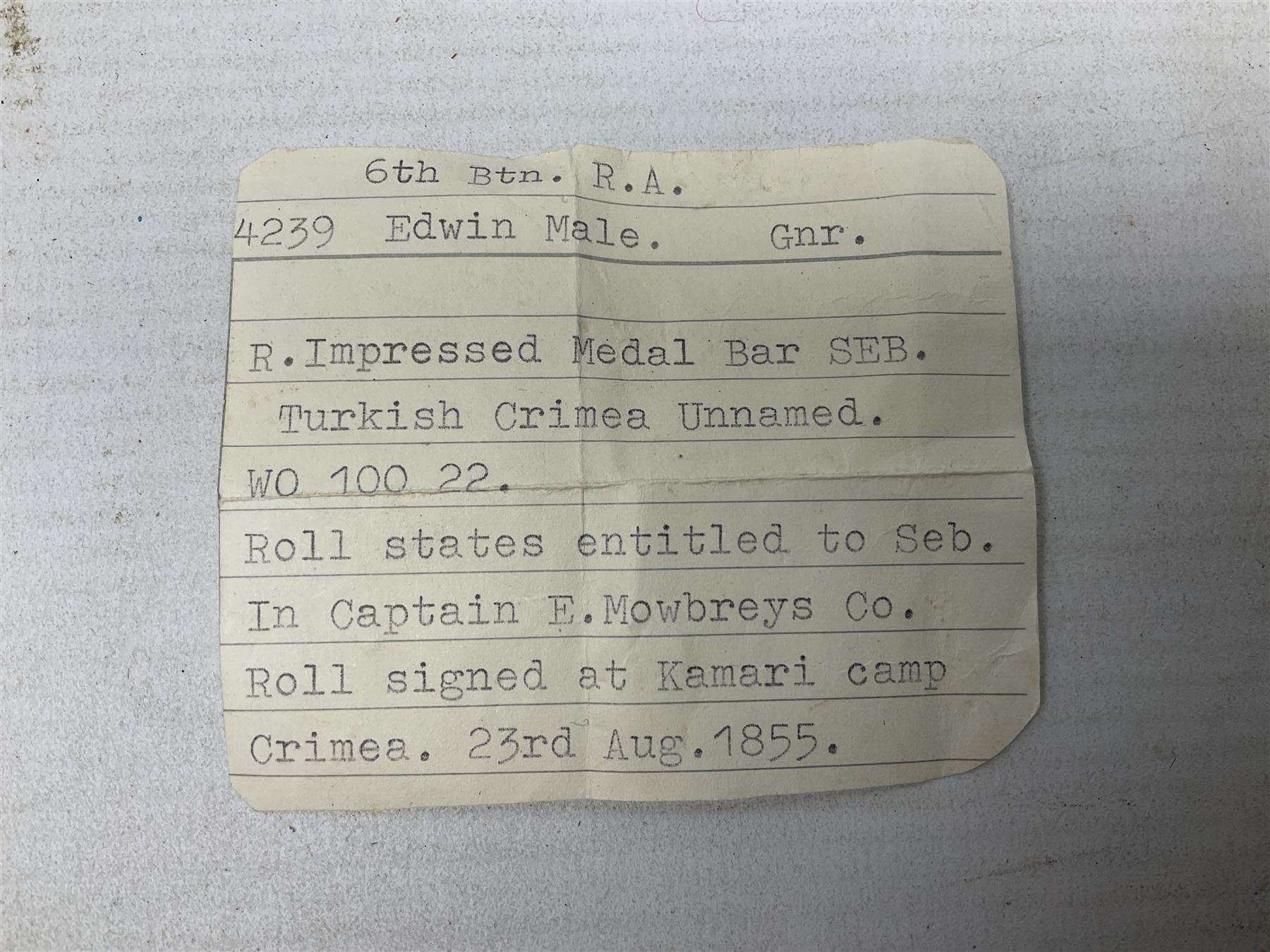 Victoria British Army Crimea medal with Sebastopol clasp regimentally impressed to (4239) Gunner Edwin Male 6th Bn.Rl.Arty with ribbon