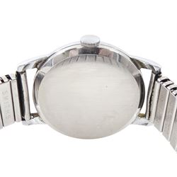 Tudor gentleman's stainless steel manual wind wristwatch, circa 1950's, Ref. 12856, silvered textured dial with Arabic hour markers and subsidiary seconds hands, back case signed Dennison for Rolex and numbered 12856 6545, on expanding stainless steel strap