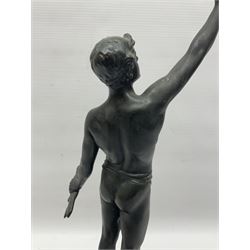 After Ludwig Eisenberger, bronzed figure of a man with a laurel wreath raised in his right hand, H46cm