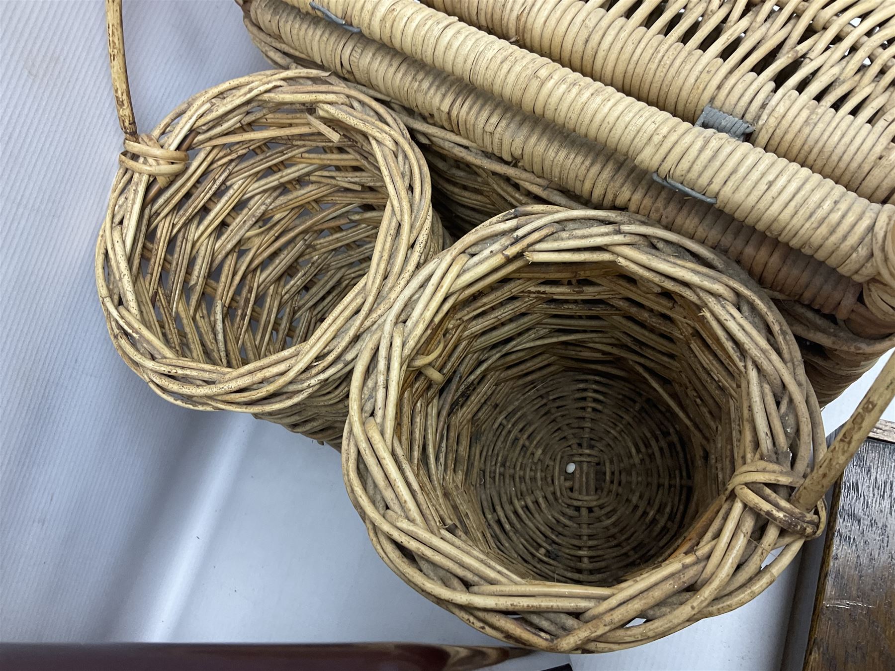 Early 20th century burr walnut tea caddy, Art Deco wooden box, wicker basket with bottle holders and a 1950s Stella radiogram