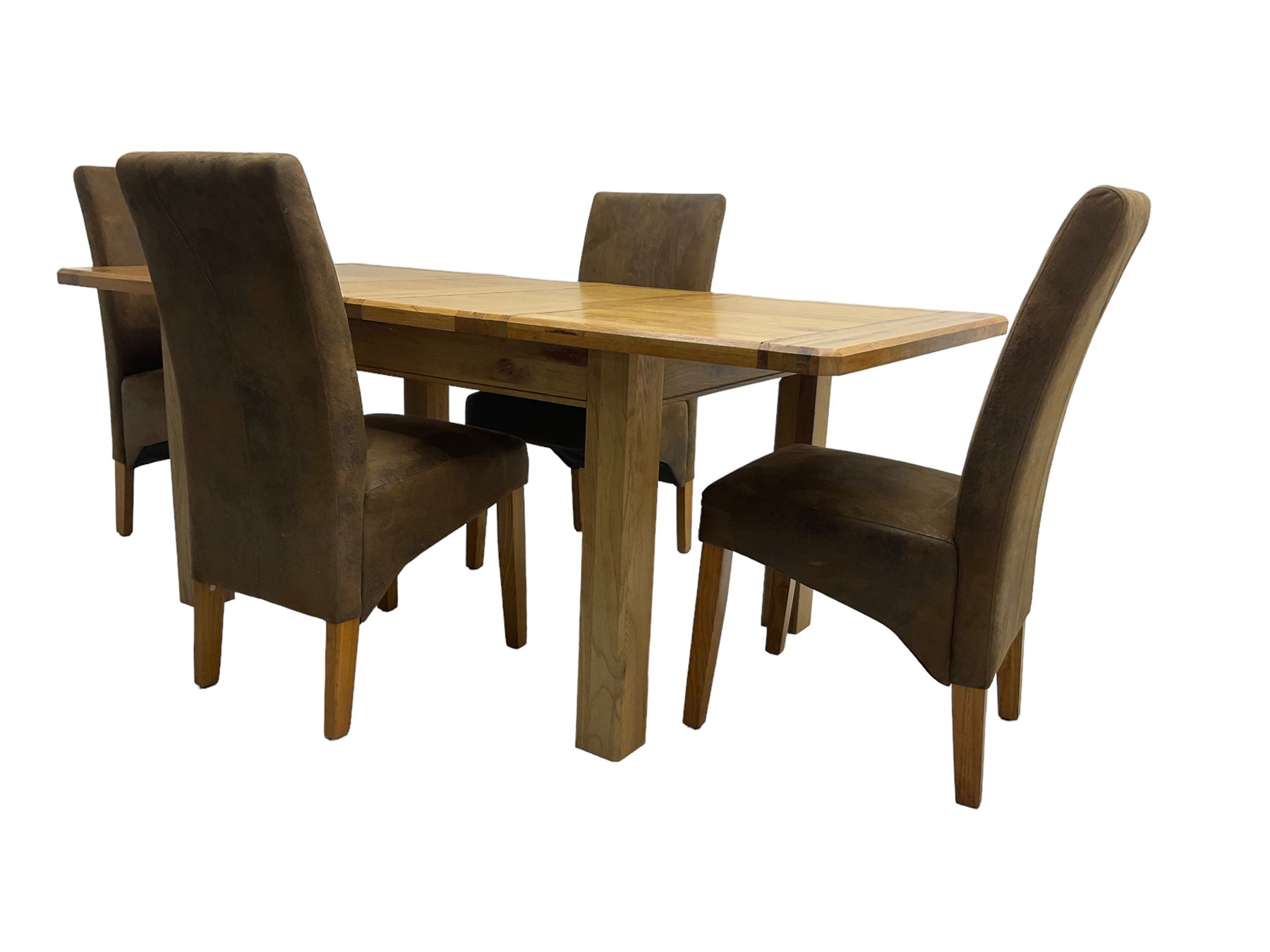 Contemporary oak extending dining table, rectangular top with canted corners on square supports, with two additional leaves (W133cm D93cm H78cm); and set four high back dining chairs, upholstered in brown faux suede (W46cm H103cm)