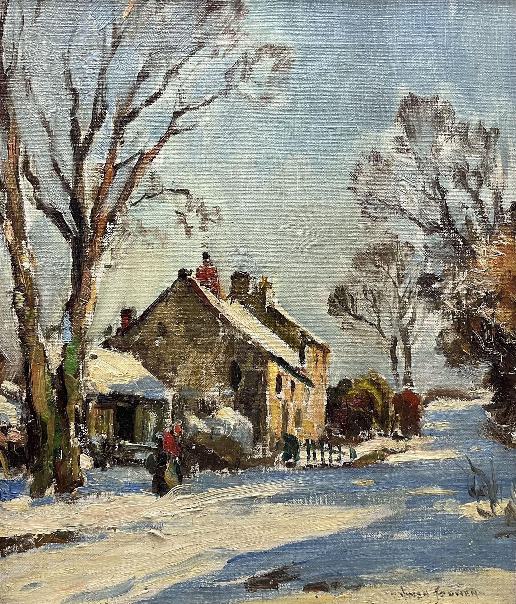 Owen Bowen (Staithes Group 1873-1967): Yorkshire Dales Cottages in the Winter Sunshine, oil on canvas signed 35cm x 30cm