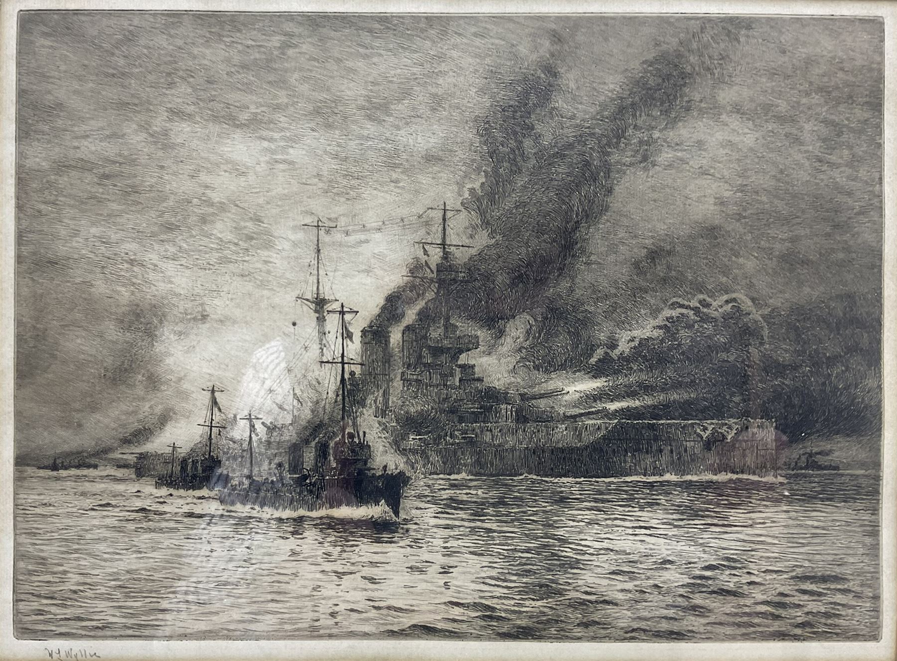 William Lionel Wyllie (British 1851-1931): HMS Queen Elizabeth at the Dardanelles, drypoint etching signed in pencil 22cm x 30cm