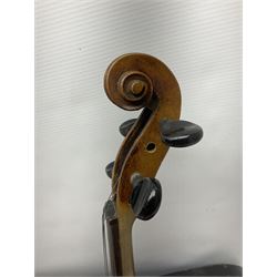 Late 19th century Saxony violin with 36cm one-piece maple back and ribs and spruce top; bears label 'Josef Klotz in Mittenwalde Anno 1795' L60cm overall; in ebonised wooden 'coffin' case