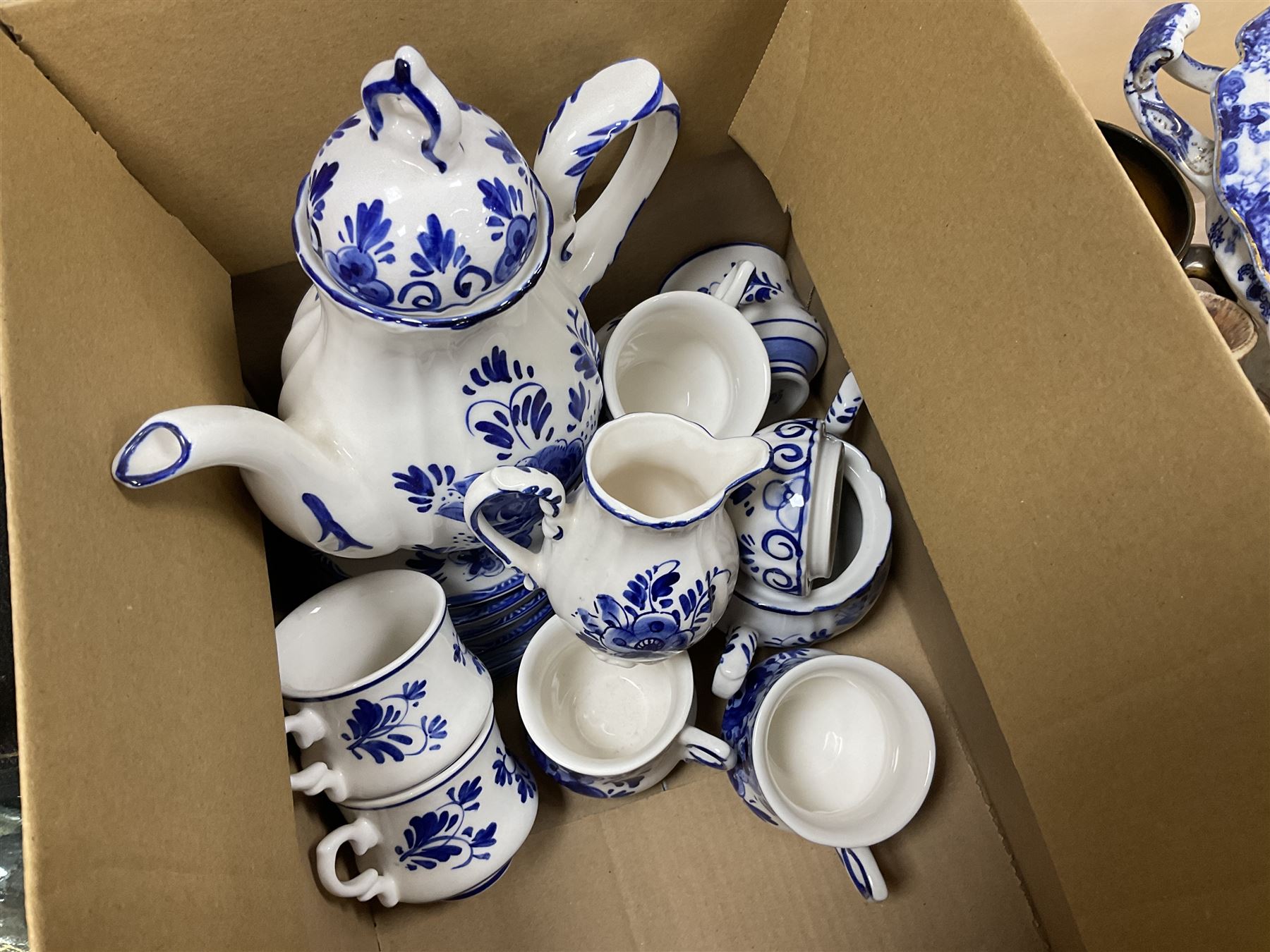 Elesva Holland blue and white part tea service, Capodimonte style figure group 'The Card Players', Oriental bowl of shallow form decorated with painted koi fish and sea plants, L25cm and Quantity of cutlery to include silver plated examples, together with glass carafe and decanter with stopper, Framed Aboriginal Art Print, by Danny Eastwood, ceramics etc