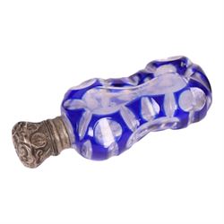 Victorian silver topped and blue overlaid cut glass scent bottle, together with Czechoslovakia blue glass scent bottle and glass jug with silver decoration