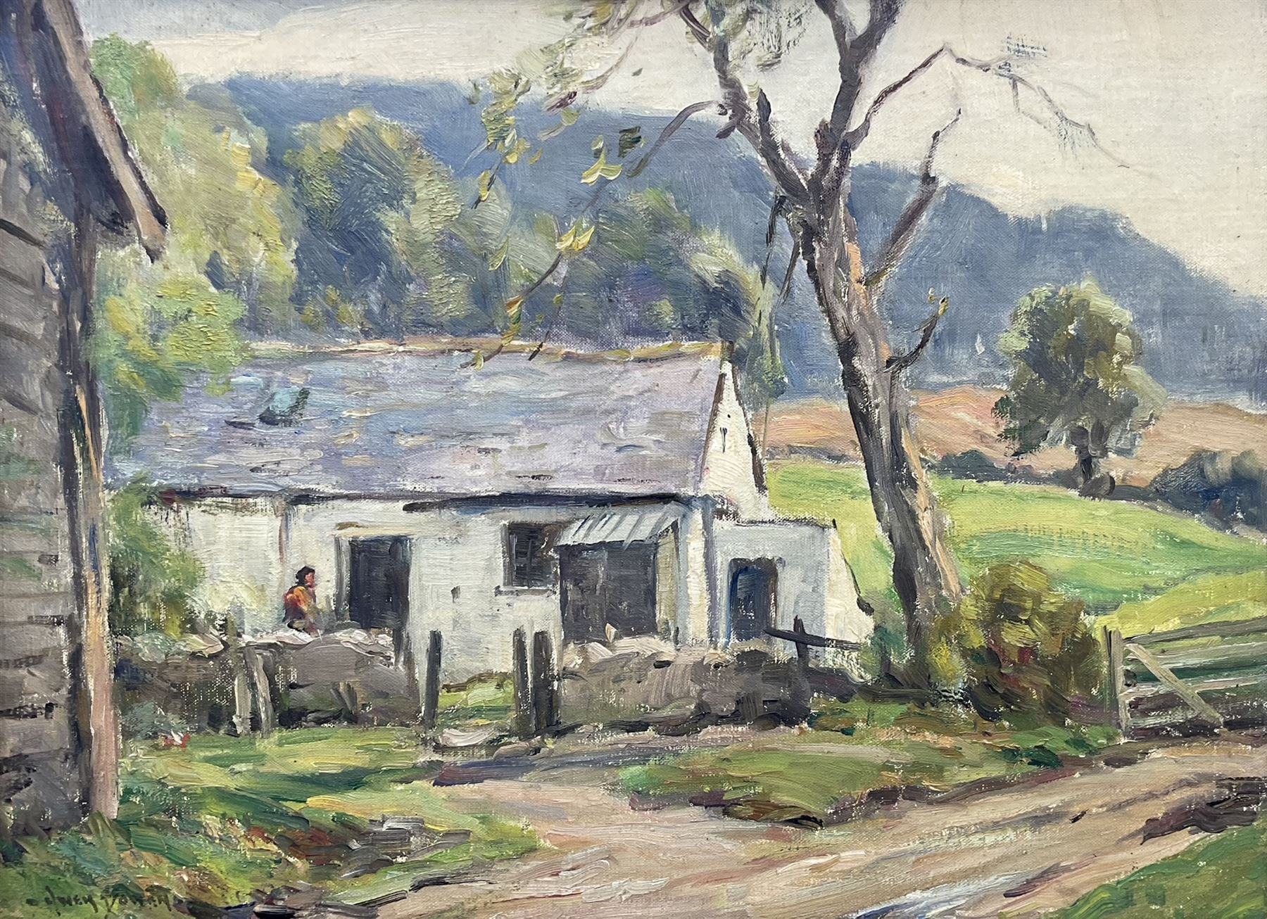 Owen Bowen (Staithes Group 1873-1967): 'The Little Farm - Llanferres' North Wales, oil on canvas board signed, original title label verso 30cm x 40cm