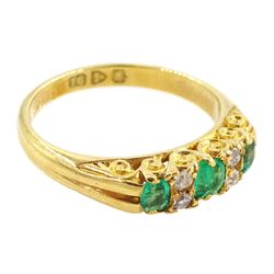 Edwardian 18ct gold three stone emerald and four stone old cut diamond ring, Chester 1905