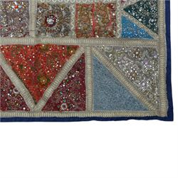 20th century Zardozi wall hanging, hand embroidered in gold thread and beadwork, in geometric platters H90cm, L142