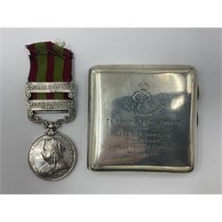 Victoria India General Service Medal with two clasps for Tirah 1897-98 and Punjab Frontier 1897-98 awarded to 4448 Lce. Corpl. C. Dobson 4th Bn. K. O. York. Lt. Infy; with ribbon; and presentation hallmarked silver cigarette case inscribed 'GvR Royal Defence Corps To Sergt. Major Dobson from Capt. D.C. Wingate P.O.W. Camp Lofthouse Park Nov. 11 1918'; hallmarked B'ham 1917 (2)