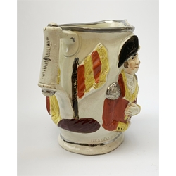 A 19th century Staffordshire pottery pearlware jug, modelled in relief with Lord Wellington and General Hill, H13cm.