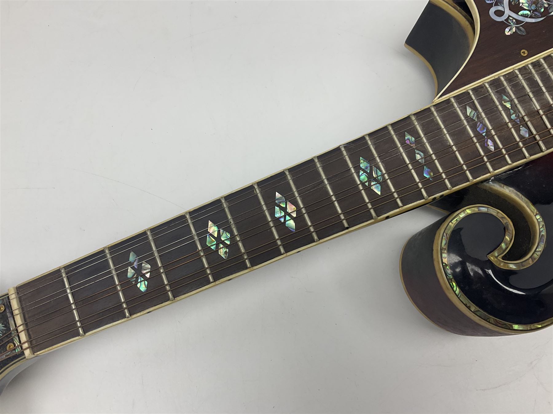 Eastern eight-string mandolin with red sunburst finish and mother-of-pearl inlay of eagles, clouds, trees etc L86cm; in fitted hard carrying case