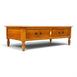 Wesley Barrell - French cherry wood coffee table, rectangular top inlaid with a geometric cross design, stone inlay with two frieze through drawers and metal drop handles, on short turned supports