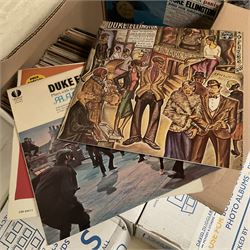 Collection of vinyl LP records in four boxes, mainly Jazz and Classical including Piano Rags by Scott Joplin, Sarah Vaughn, Duke Ellington and His Orchestra and Louis Armstrong, etc