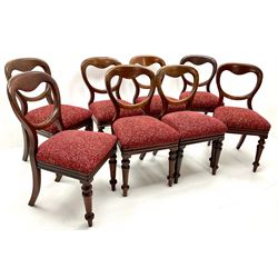 Set eight Victorian mahogany balloon back dining chairs, upholstered drop in seat, turned tapering supports 