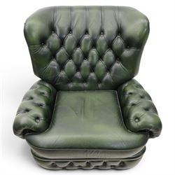 Thomas Lloyd - green leather chesterfield armchair, buttoned back, apron arm rests