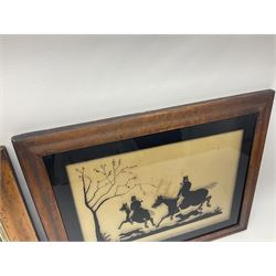 Pair of Regency Verre Eglomisé hunting scenes, in original bird's eye maple frames, H39cm, L50cm