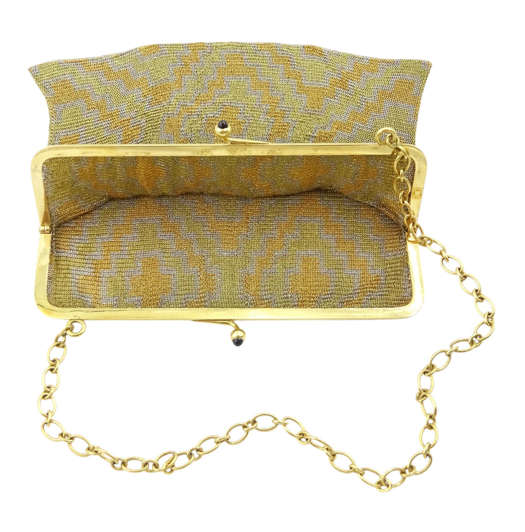 French tri-coloured gold mesh purse, with 18ct gold bar clasp and 18ct gold oval link chain, with cabochon sapphire set clasp, eagle hallmark