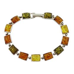 Silver rectangular link tri colour amber link bracelet, stamped 925