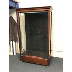 Large early 20th century mahogany framed glazed display, projecting cornice, single door, W132cm, H221cm, D75cm