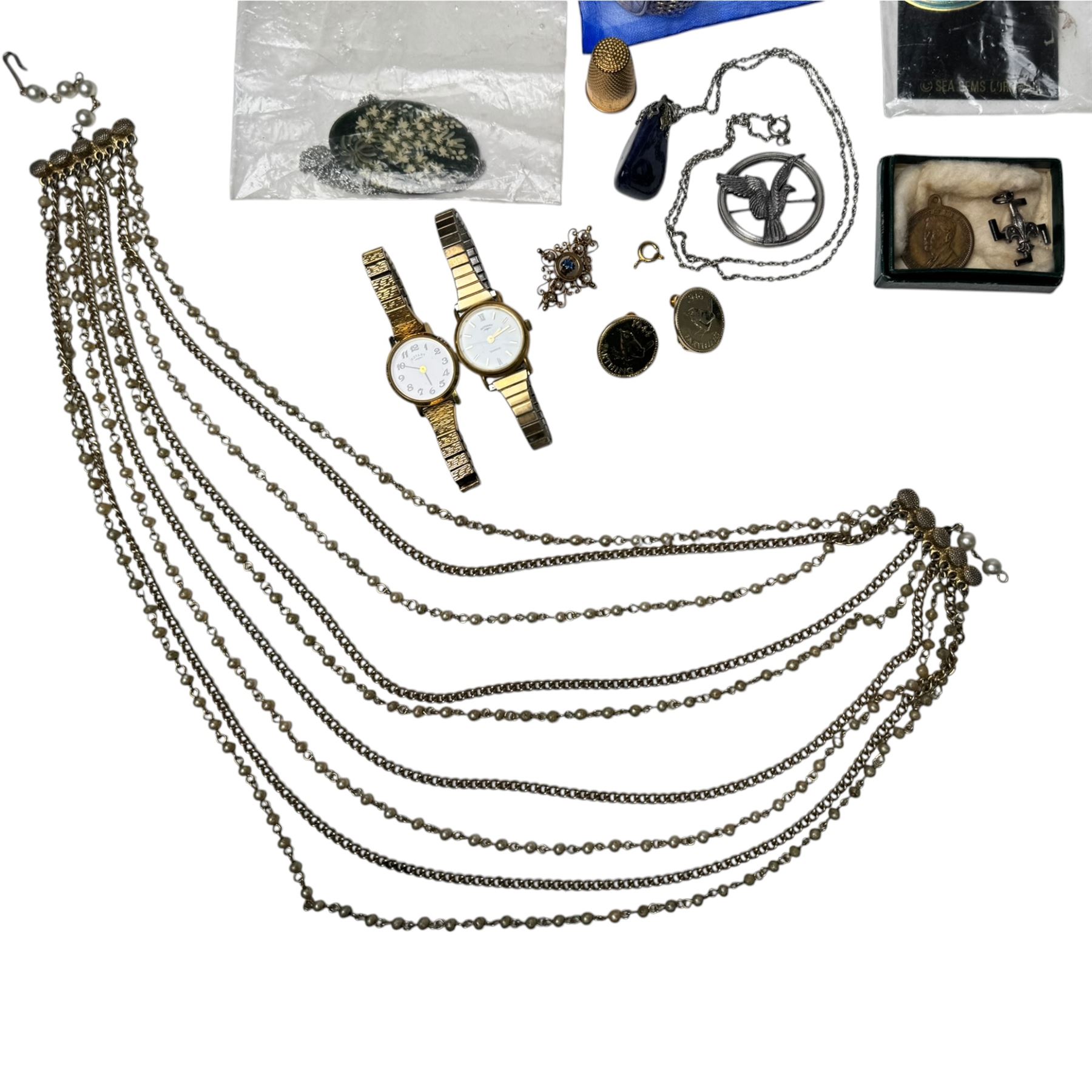 9ct gold brooch, simulated pearl necklace with a 9ct gold clasp, silver brooch, costume jewellery, and silver topped jar