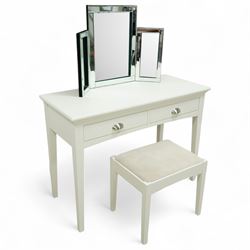 Barker & Stonehouse - Carrington console dressing table, with stool, and free-standing mirror, contemporary cream painted dressing table set, rectangular top above two drawers with brushed steel cup handles, on square tapering supports, with matching upholstered stool (H 43cm, W 50cm, D 38cm) and bevelled edge triple folding mirror (H 54cm, W 78cm)