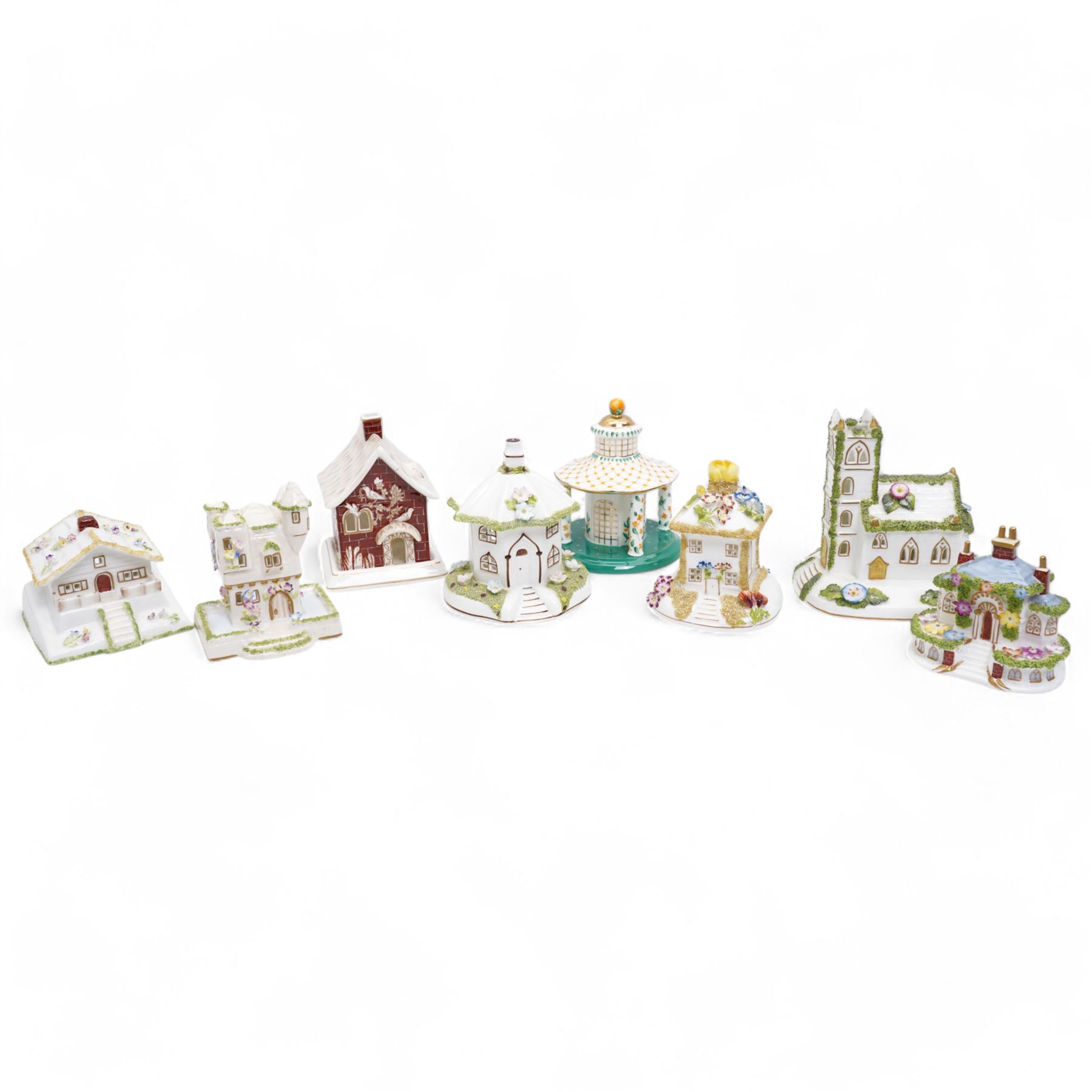 Collection of eight Coalport houses including Village Church, Orange Blossom Cottage, Red House, Swiss Cottage etc
